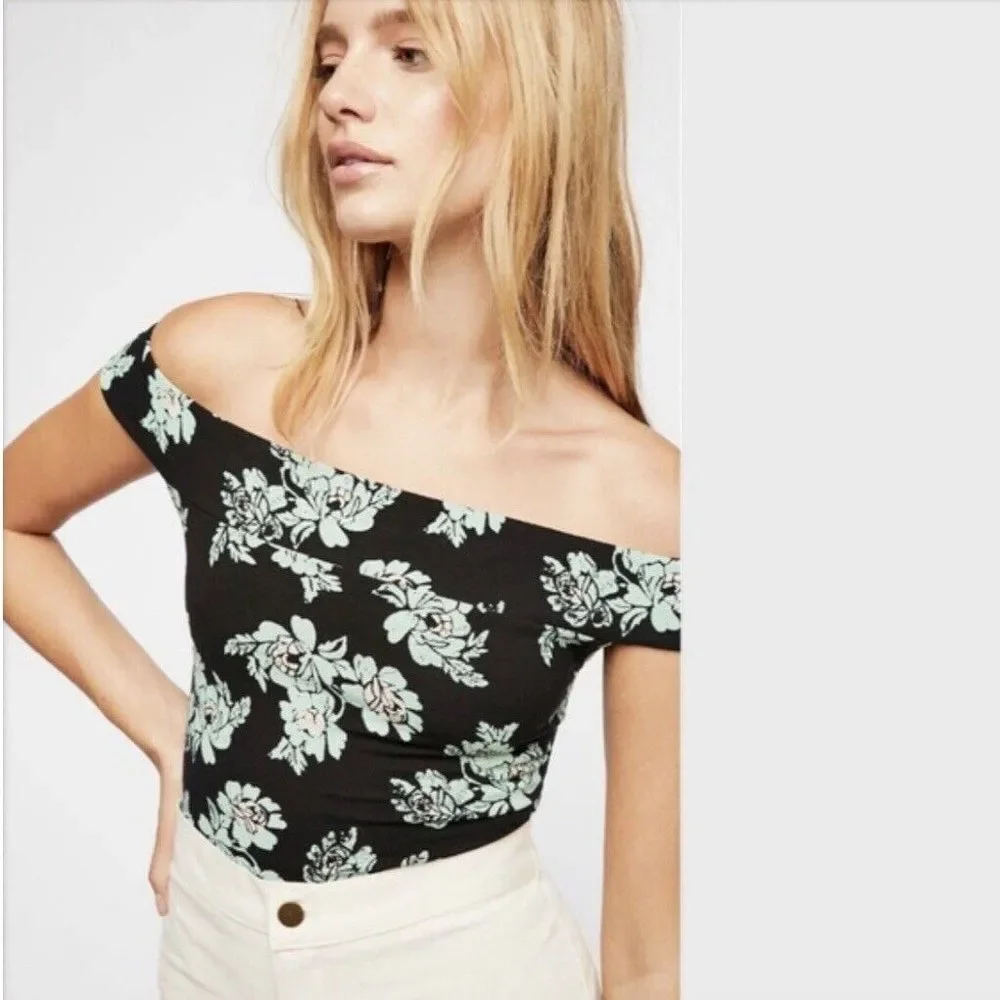 Free People Intimately So Much Black and Green Floral Bodysuit Medium Thong